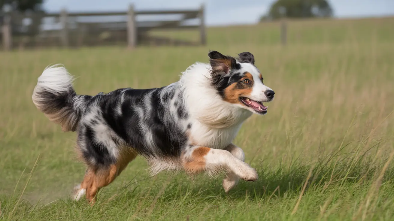 An Australian Shepherd running dynamically through a grassy field with a wooden fence in the background