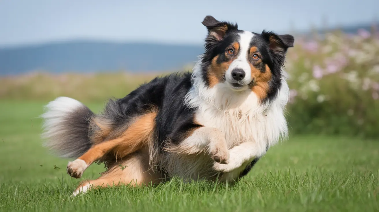 Australian Shepherd running across green grassy field with ocean in background