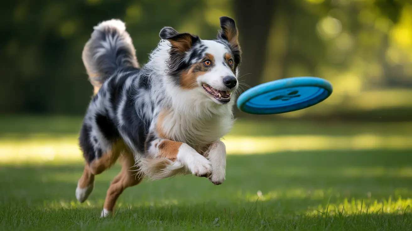 Australian Shepherd running energetically in a grassy field chasing a blue frisbee
