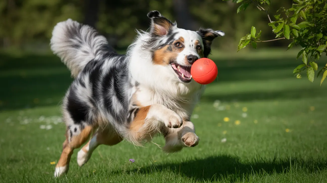 Australian Shepherd running happily on green lawn with orange ball in mouth