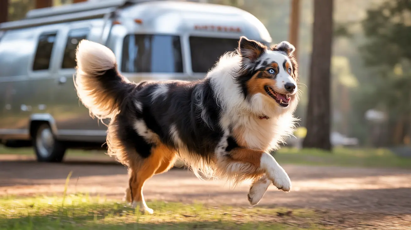 Australian Shepherd running joyfully across a paved area with mouth open and tongue out