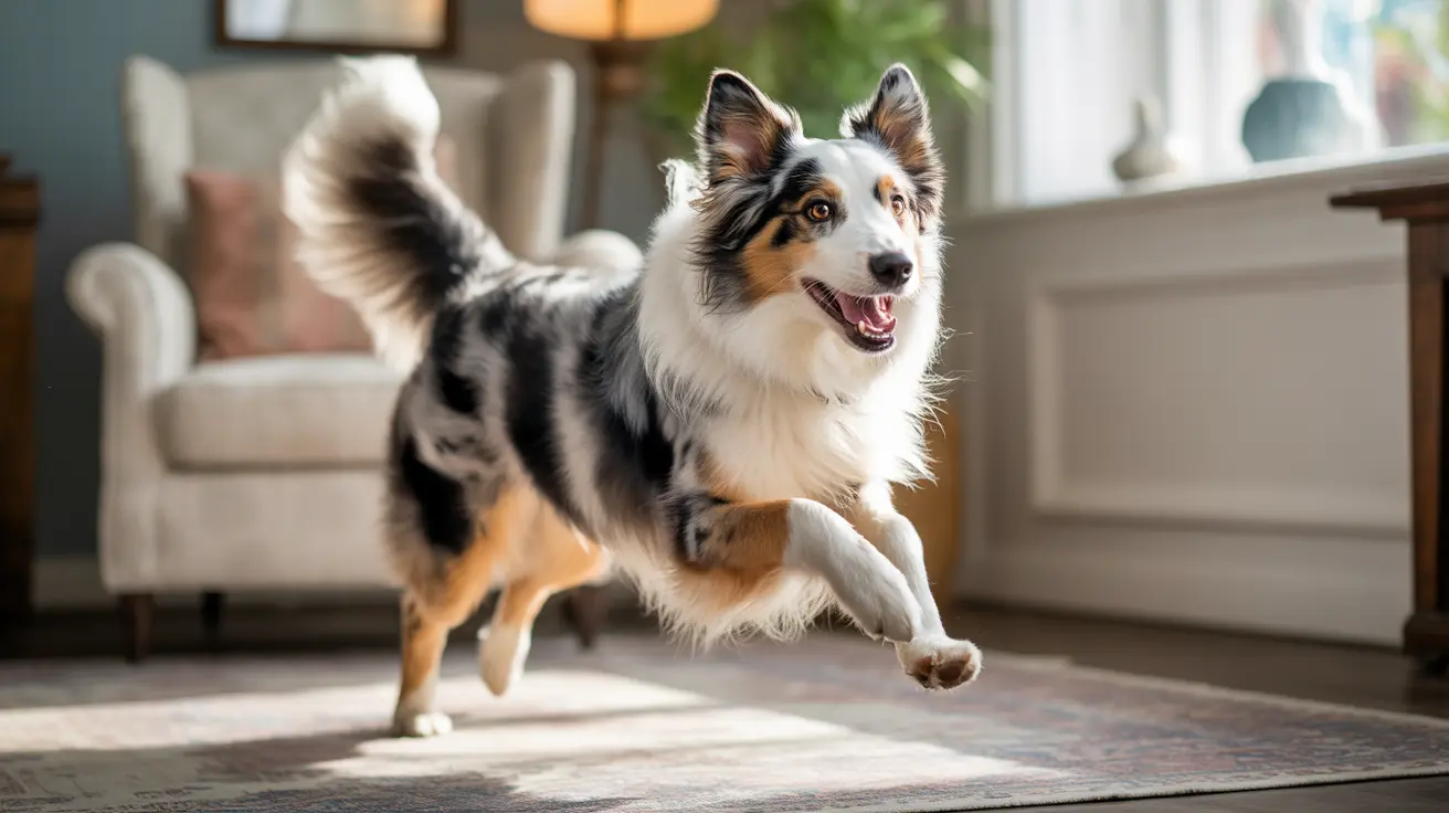 Australian Shepherd running energetically through a bright modern living room with mouth open and tongue out