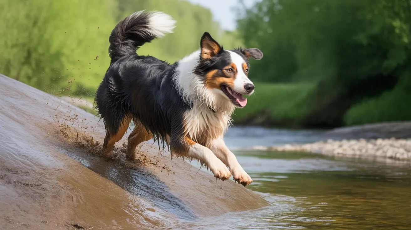An Australian Shepherd dog running energetically along a muddy shoreline with splashing sand and water around its paws