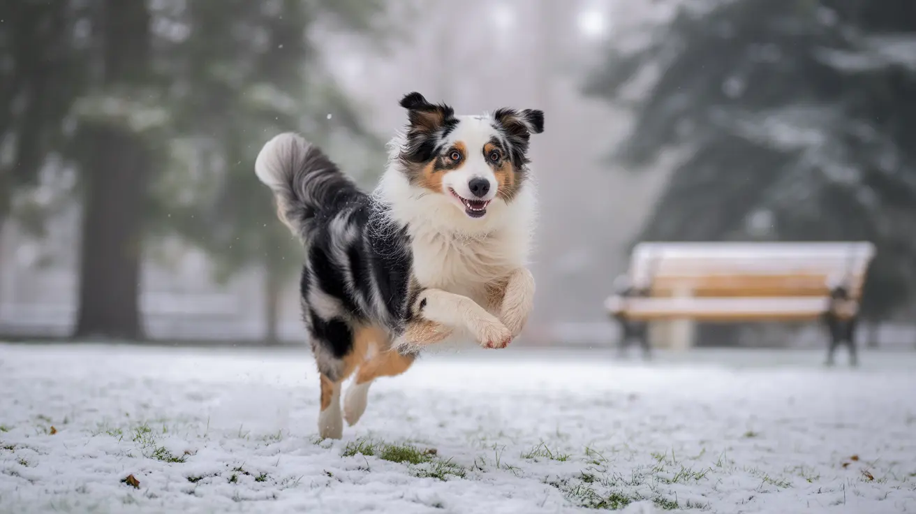 An Australian Shepherd leaping energetically through a snowy winter landscape with a joyful expression.