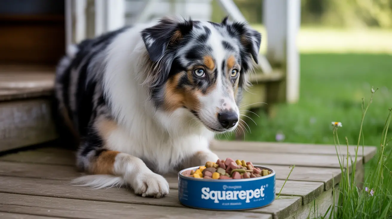 Australian Shepherd with striking blue eyes near a blue Squarepet food bowl on a wooden deck