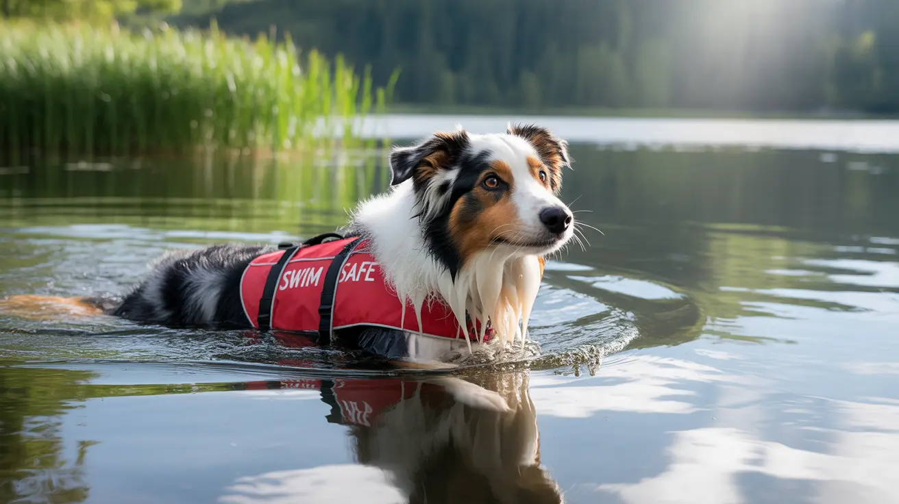 An Australian Shepherd wearing a red 'Swim Safe' life vest, swimming in a calm lake with green reeds and a forested background.