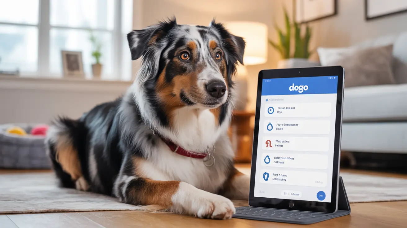 An Australian Shepherd sitting near a tablet displaying a dog-related app called 'Dogo'