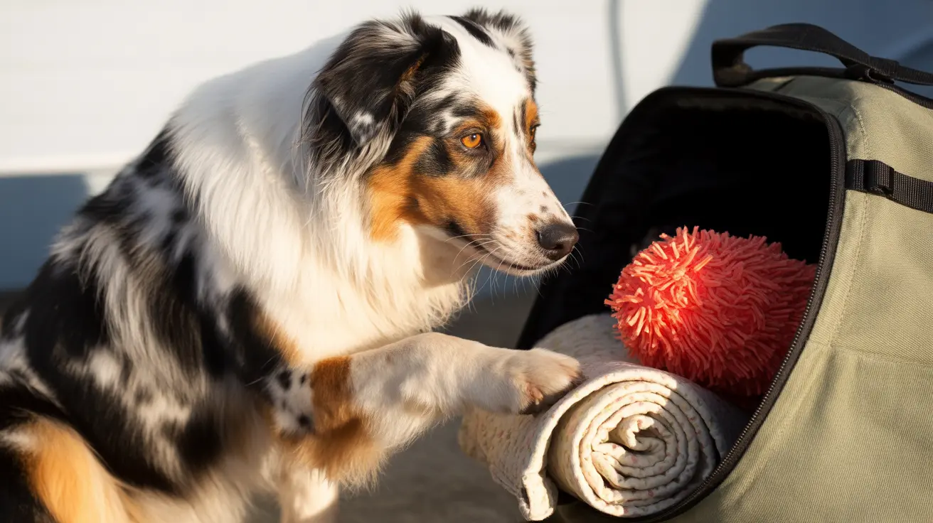 Australian Shepherd sitting beside open bag of dog toys and rope in bright sunlight