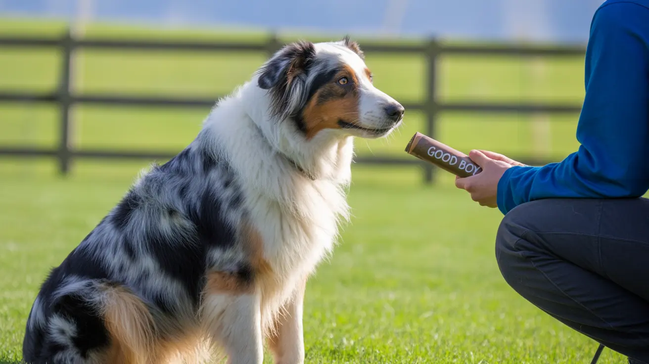 An Australian Shepherd receiving positive reinforcement during a training session