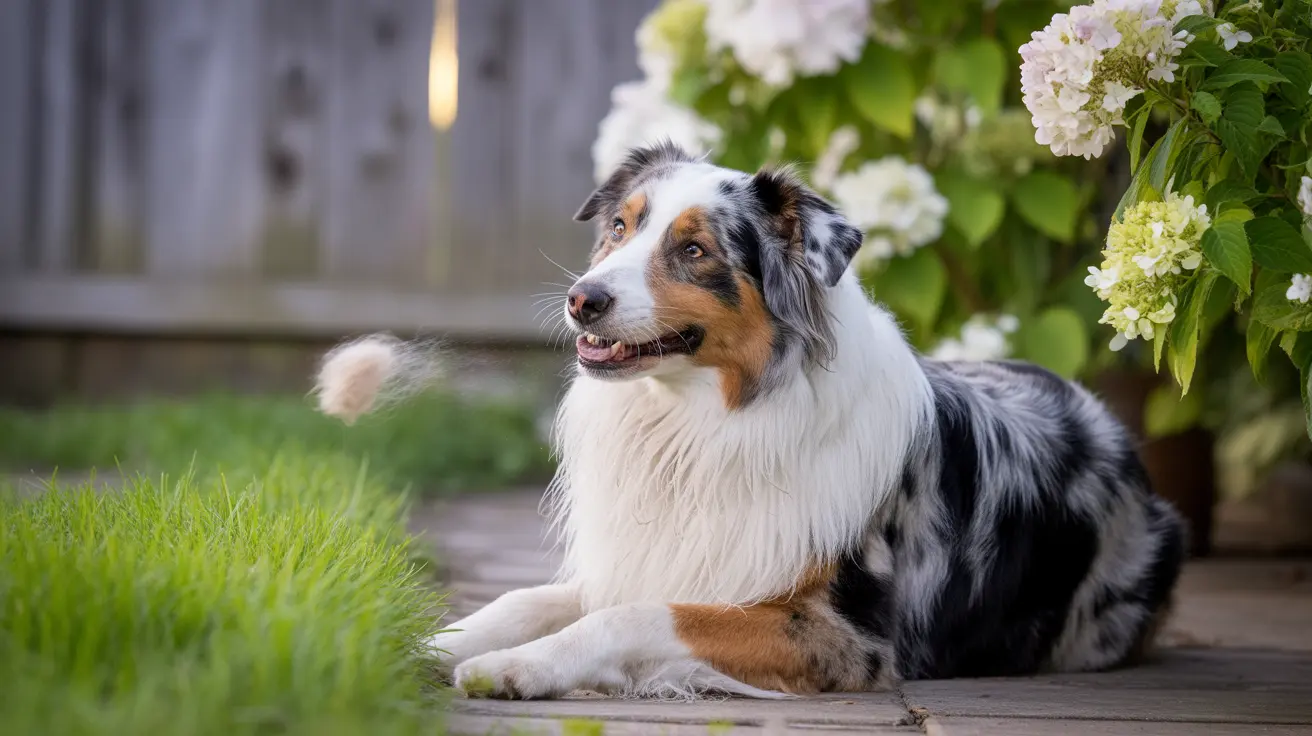 An Australian Shepherd with a striking tri-color coat sitting calmly on a wooden deck near flowering plants.