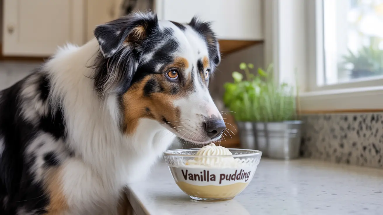 An Australian Shepherd looking intently at a bowl of vanilla pudding in a kitchen setting