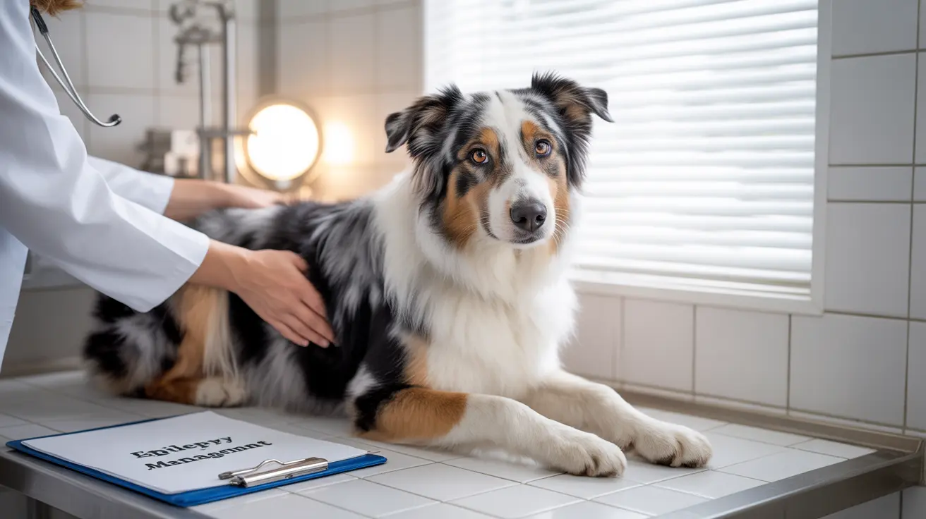 An Australian Shepherd sitting calmly on an examination table during a veterinary check-up