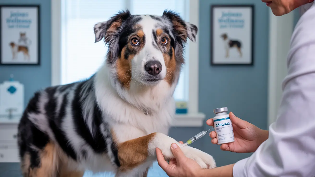 An Australian Shepherd receiving a medical injection at a veterinary clinic
