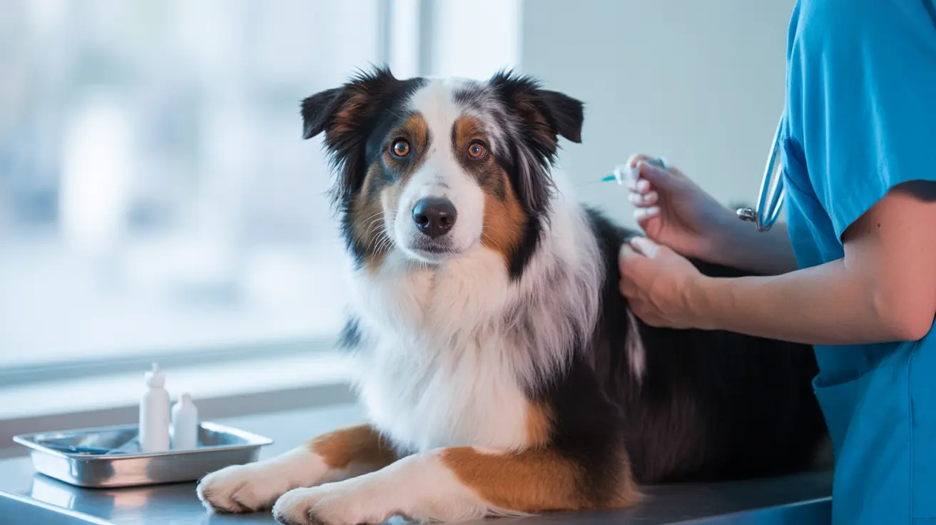 An Australian Shepherd on a veterinary table with a vet preparing an injection