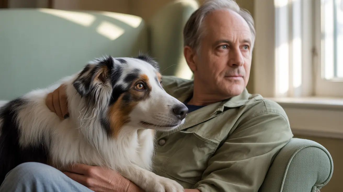 An Australian Shepherd with an older person on a green armchair near a window