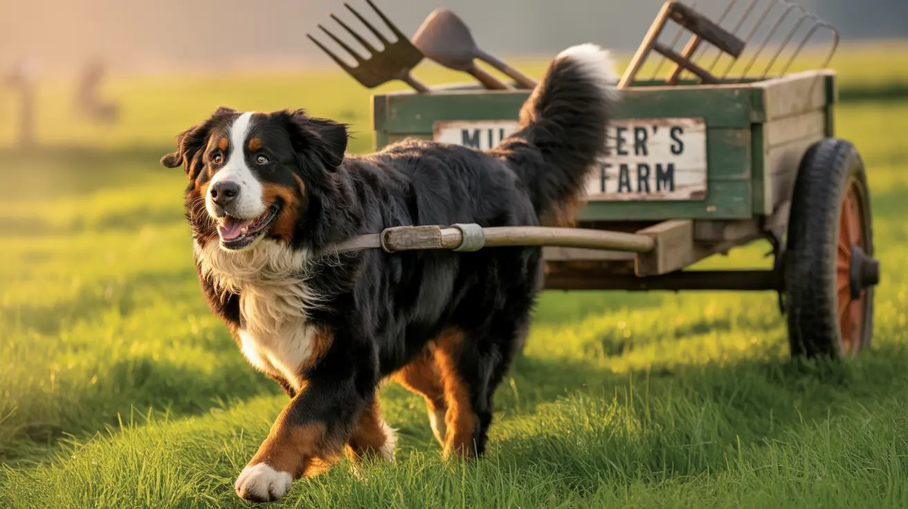 An Australian Shepherd standing next to a vintage farm cart in a lush green field during golden hour light