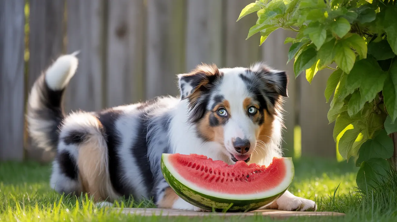 Australian Shepherd dog lying in backyard eating a large slice of watermelon