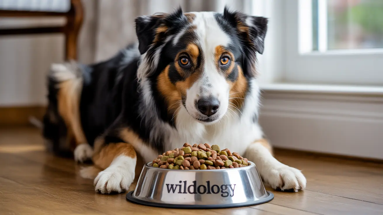 An Australian Shepherd sitting attentively next to a bowl of dog food with the Wildology brand