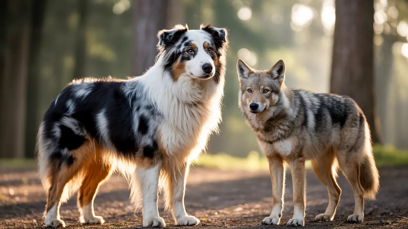 Un Berger australien et un loup debout ensemble dans un décor de forêt éclairé par le soleil