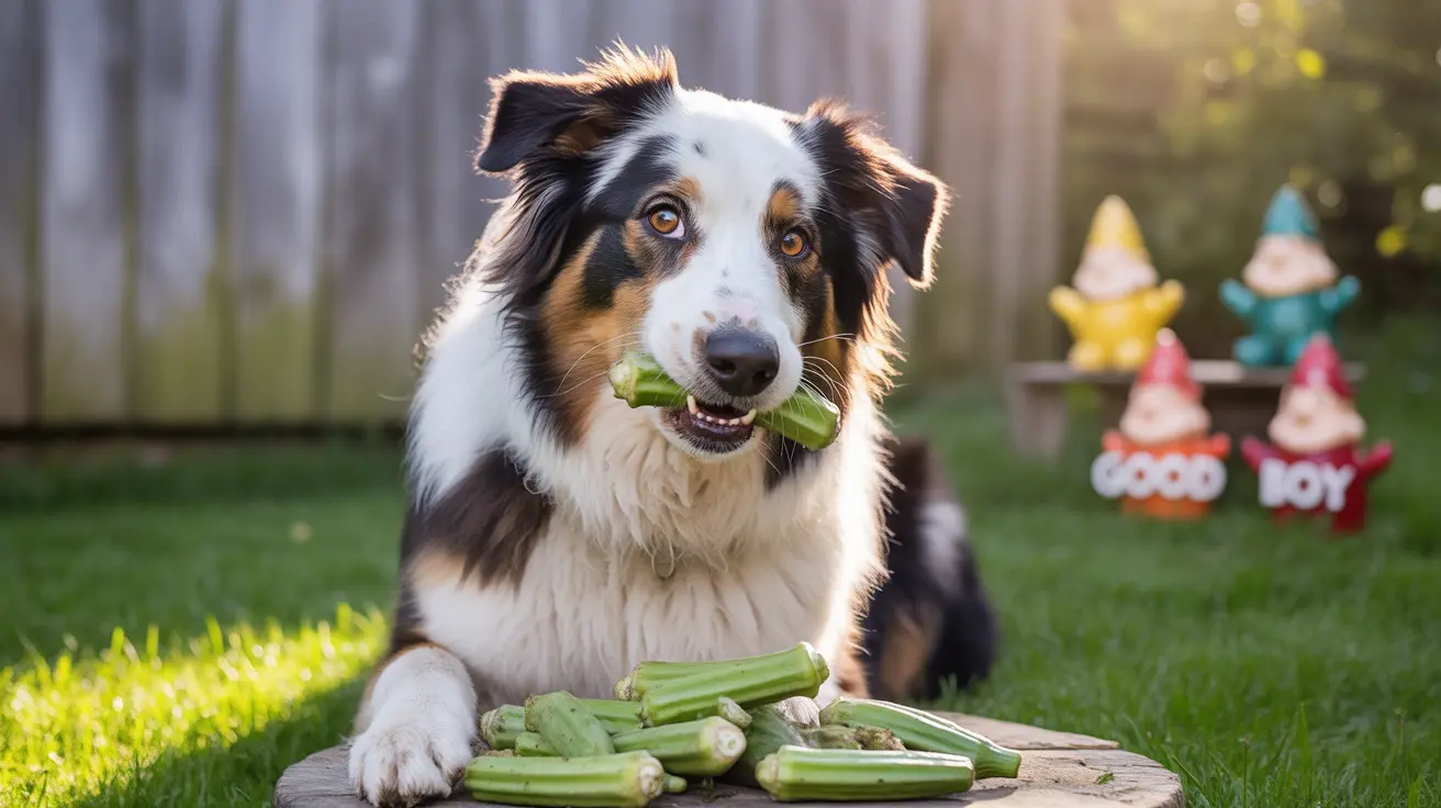 An Australian Shepherd sitting with a pile of green zucchini, holding one in its mouth