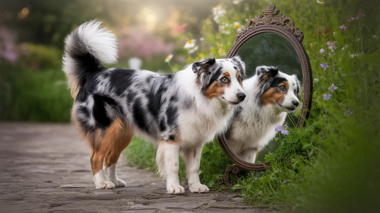 Two Australian Shepherds next to a vintage mirror with one's reflection in the garden setting