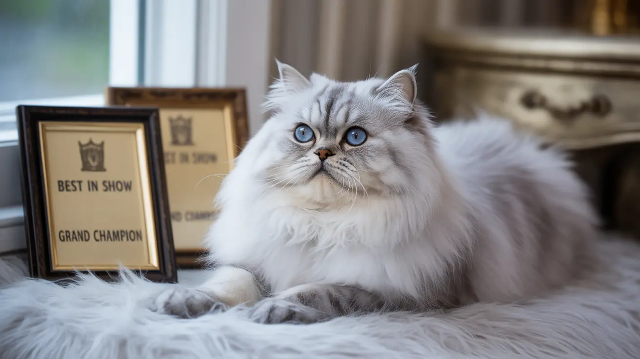 An award-winning white and silver Persian cat with Best in Show and Grand Champion awards
