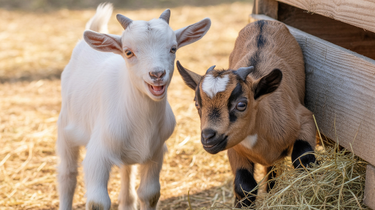Dos cabras jóvenes juntas cerca de una estructura de madera, una cabra blanca vocalizando mientras una cabra marrón y negra está a su lado