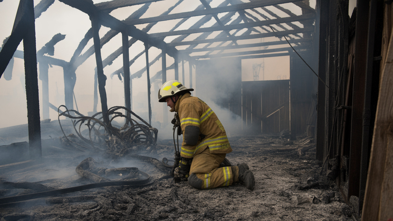 Burned barn structure in Bradley County after animal fatal fire
