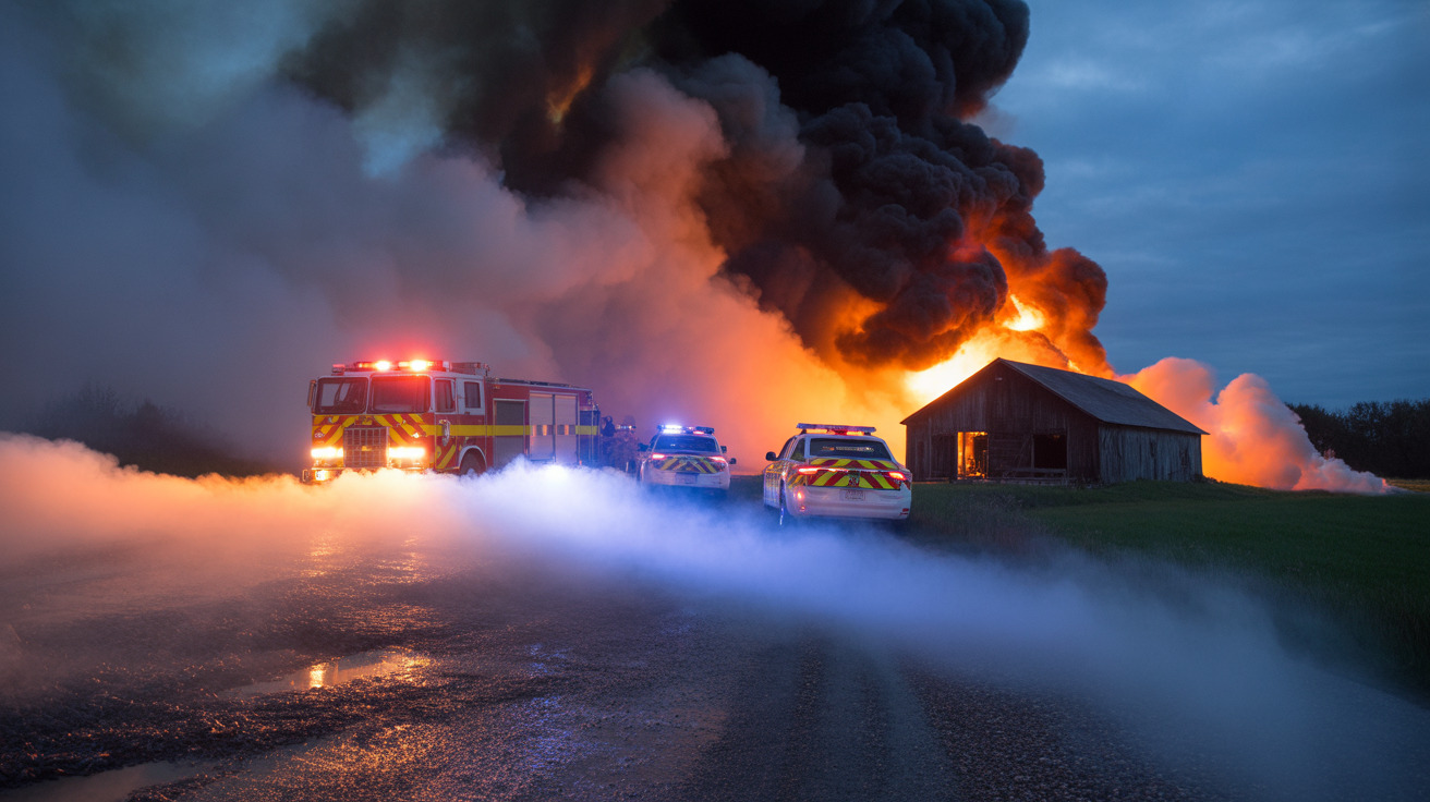 Burned barn remains after a devastating fire at a Long Island farm