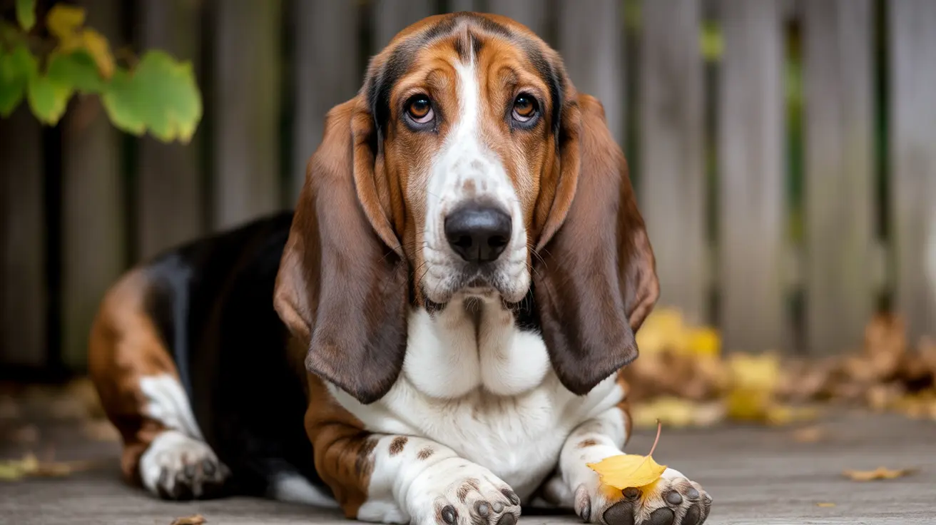 A Basset Hound sitting attentively with a yellow autumn leaf near its paw