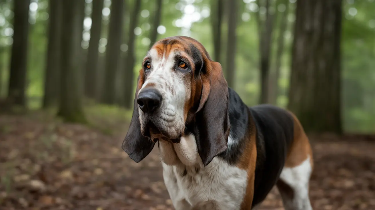 Basset Hound with long droopy ears and amber eyes in a forest