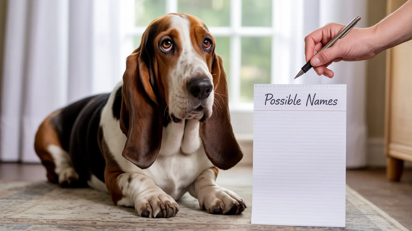 A Basset Hound sitting thoughtfully next to a notepad with 'Possible Names' written at the top, with a hand holding a pen nearby.
