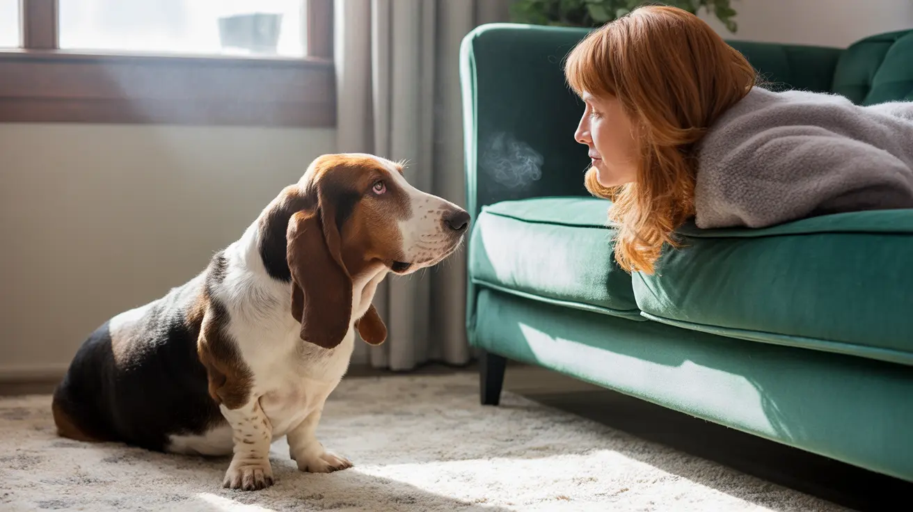 A Basset Hound sitting attentively on a carpet next to a green couch with a person relaxing nearby