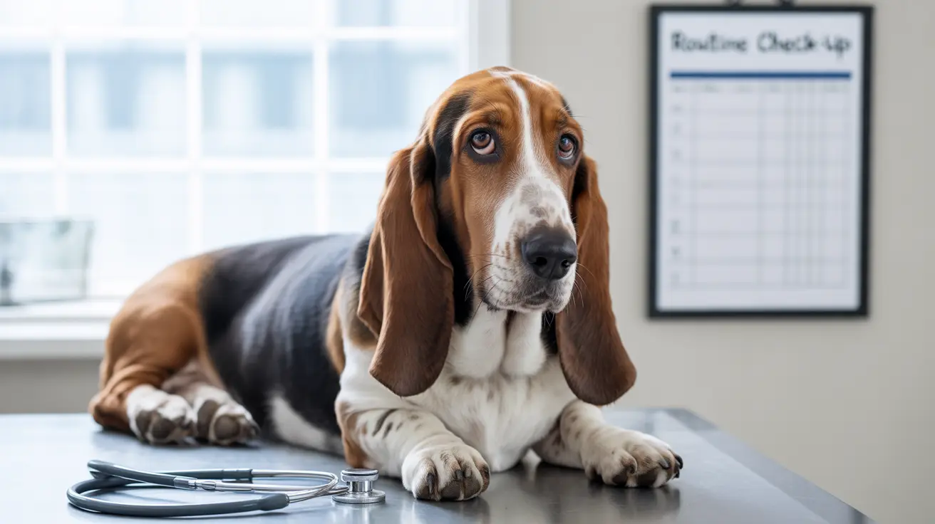 Un Basset Hound solennel assis sur une table d'examen dans une clinique vétérinaire avec un stéthoscope à proximité.