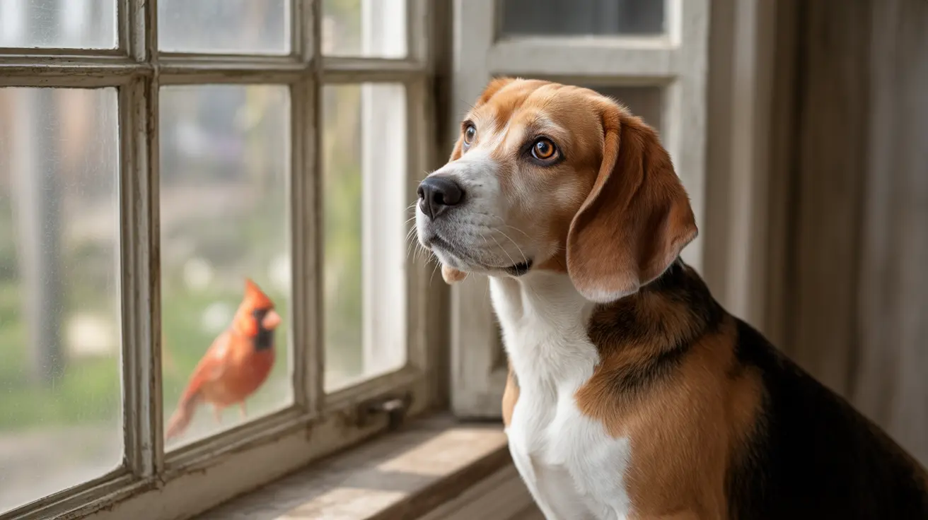 Beagle sitting by a window with a red cardinal outside