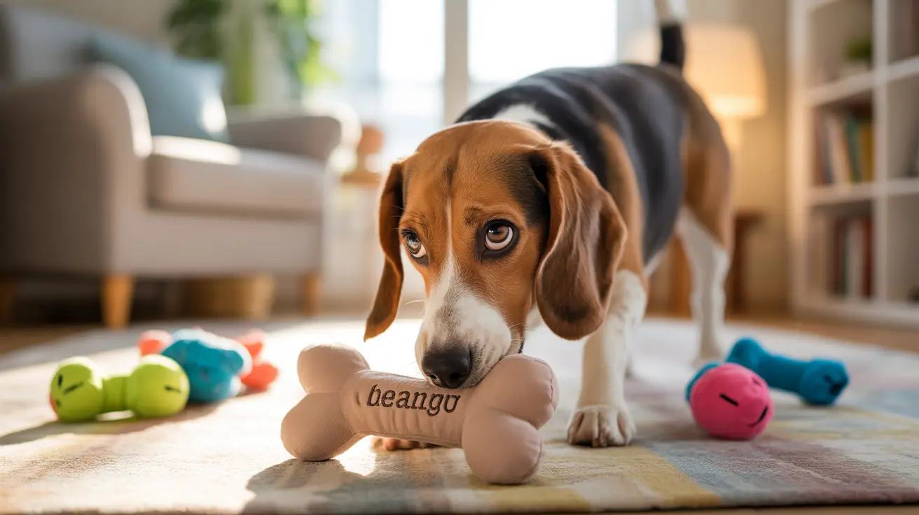 A Beagle sitting on a carpet with colorful dog toys holding a bone-shaped plush toy labeled 'beango'