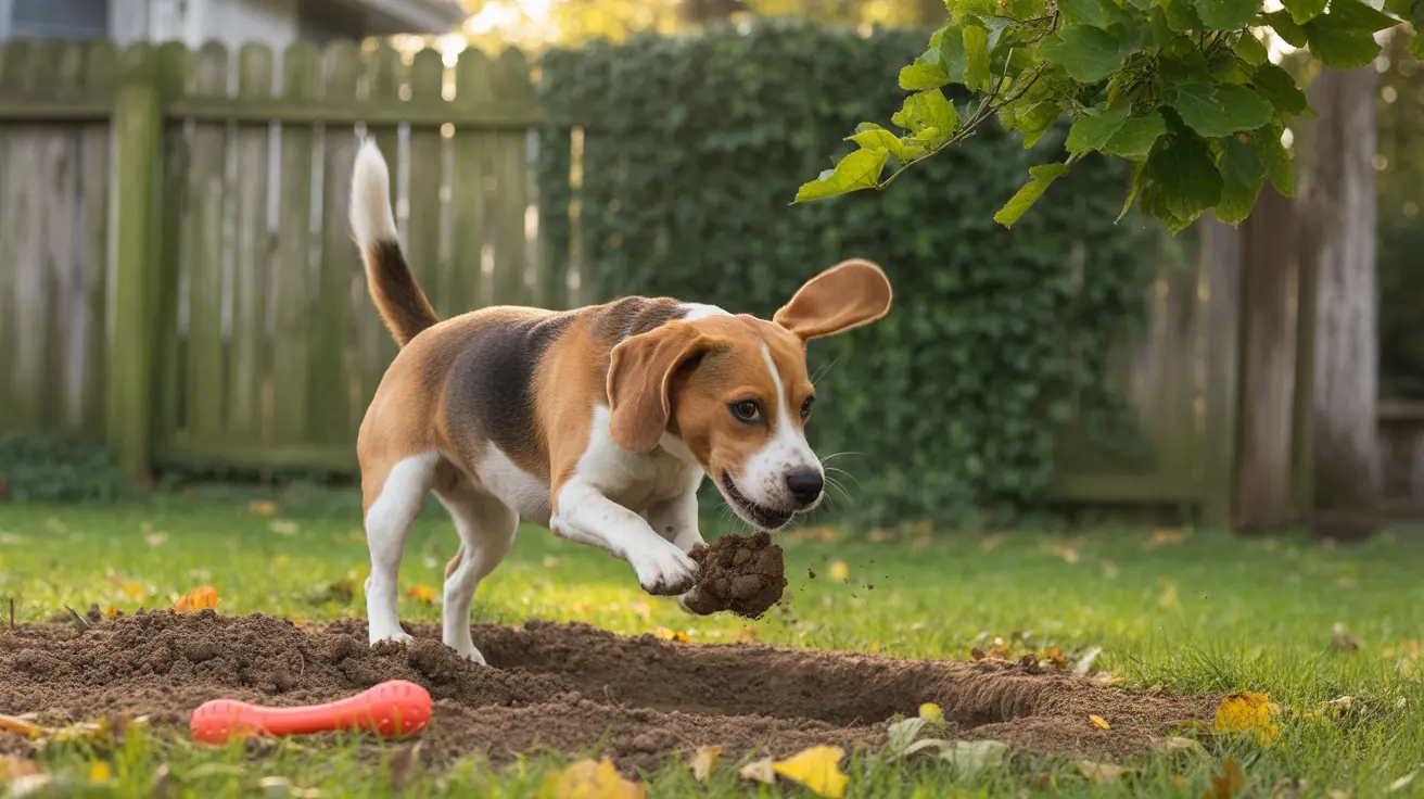A playful Beagle digging a hole in a backyard, with a red toy nearby