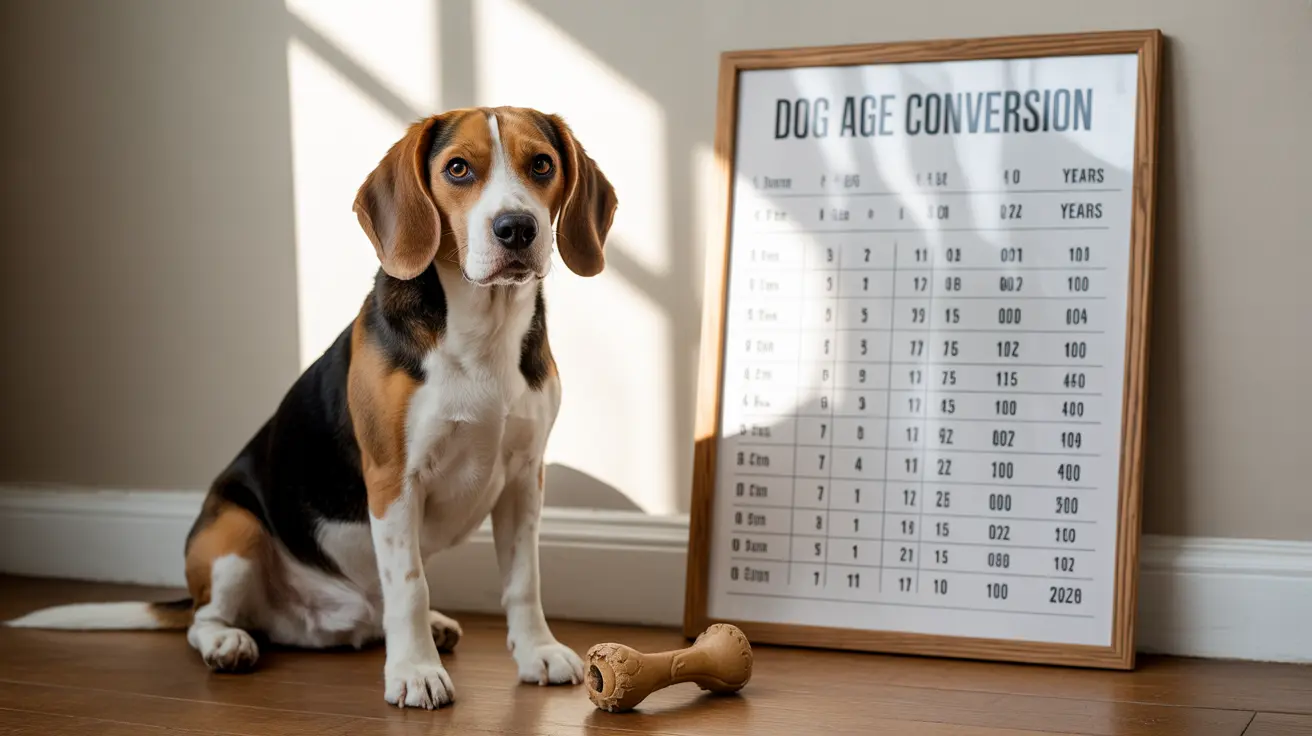 A Beagle sitting next to a dog age conversion chart with a wooden chew toy