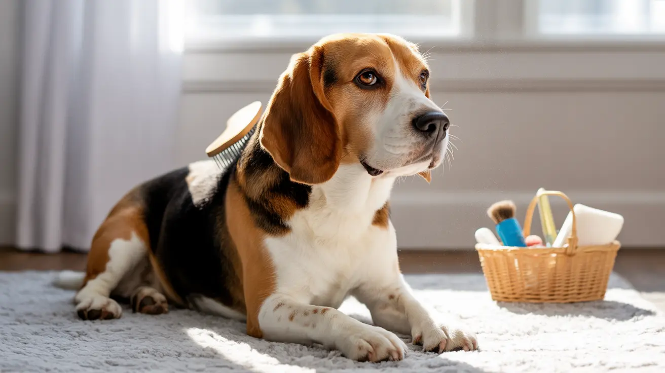 A Beagle sitting calmly on a gray carpet with a grooming basket nearby, looking off to the side with a serene expression.