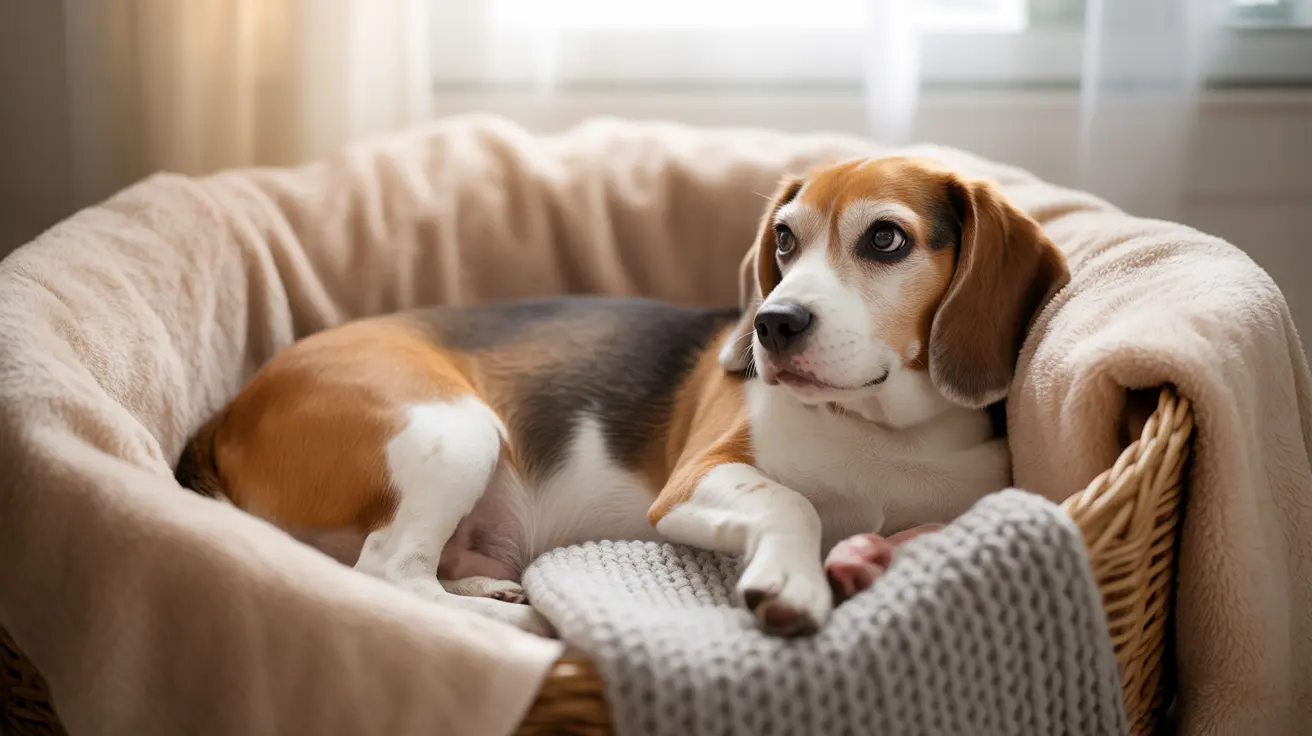 Un beagle descansando cómodamente en una cama suave y acogedora cerca de una ventana.