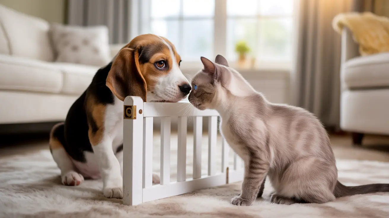 A Beagle puppy and a gray cat sitting on opposite sides of a white pet gate, looking at each other closely.