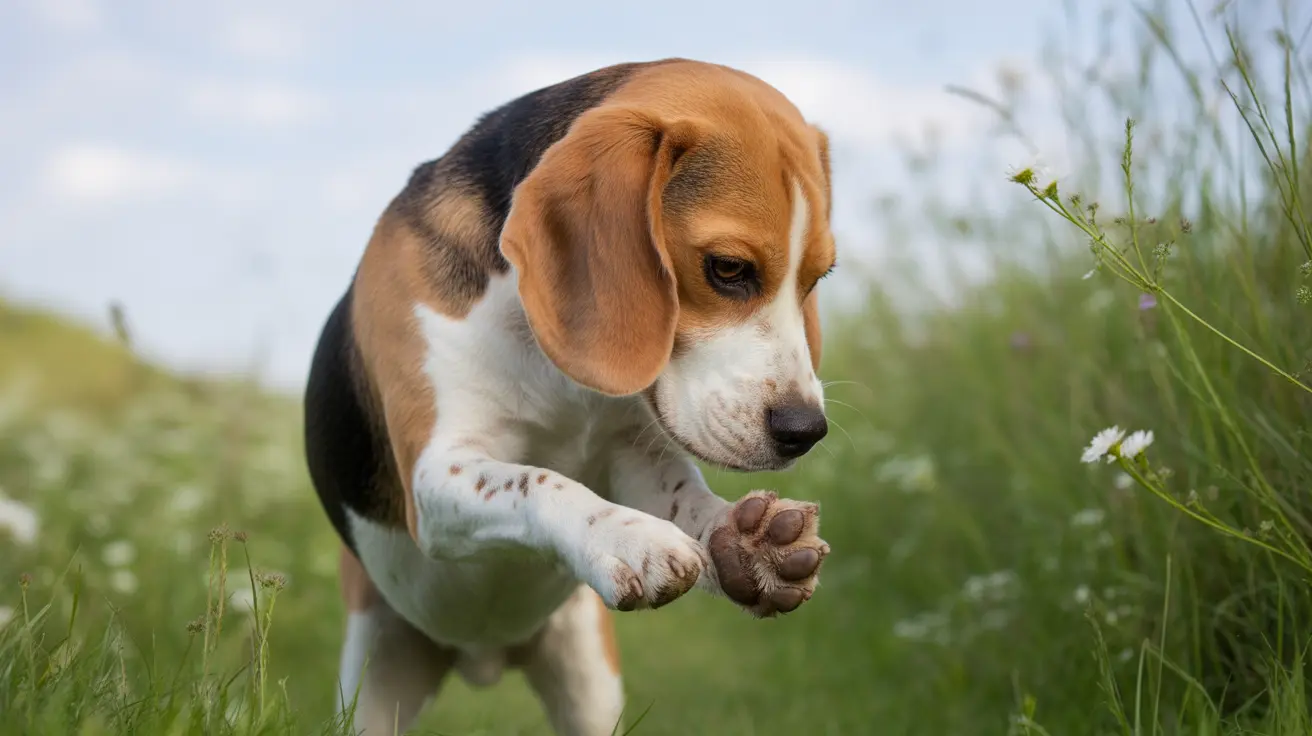 A young Beagle puppy mid-step in a grassy meadow with white wildflowers