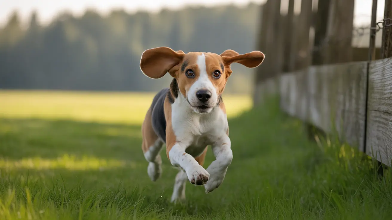 元気いっぱいのビーグルの子犬が、垂れた耳を揺らしながら空中で走っている様子を捉えた躍動感あふれる写真