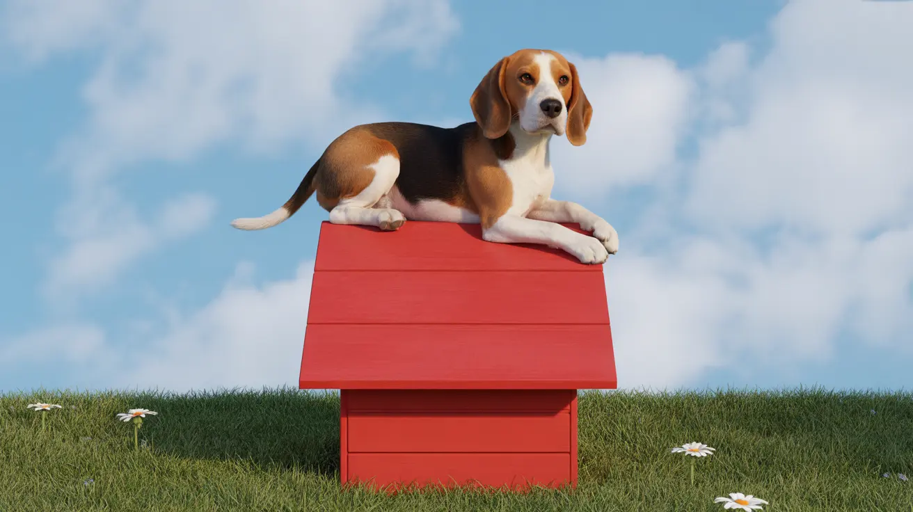 A Beagle sitting atop a bright red doghouse against a blue sky and grassy background