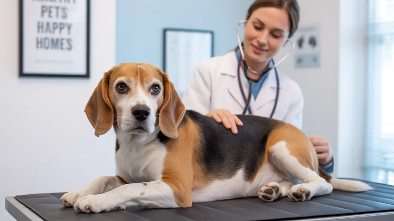 A Beagle receiving a veterinary examination on a medical table with a veterinarian using a stethoscope.