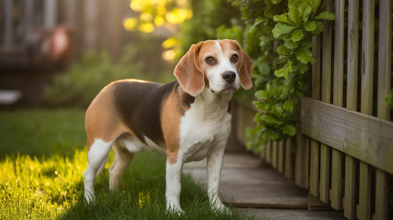 A classic tri-color Beagle standing alert in a sunny backyard garden setting