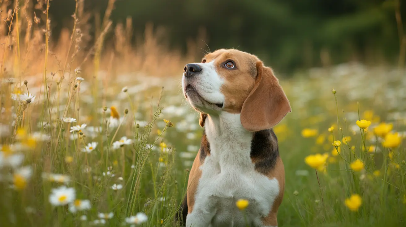 A Beagle sitting attentively in a wildflower meadow with white and yellow flowers