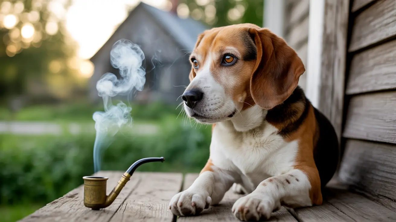 Beagle sitting on wooden deck beside a smoking pipe looking contemplative