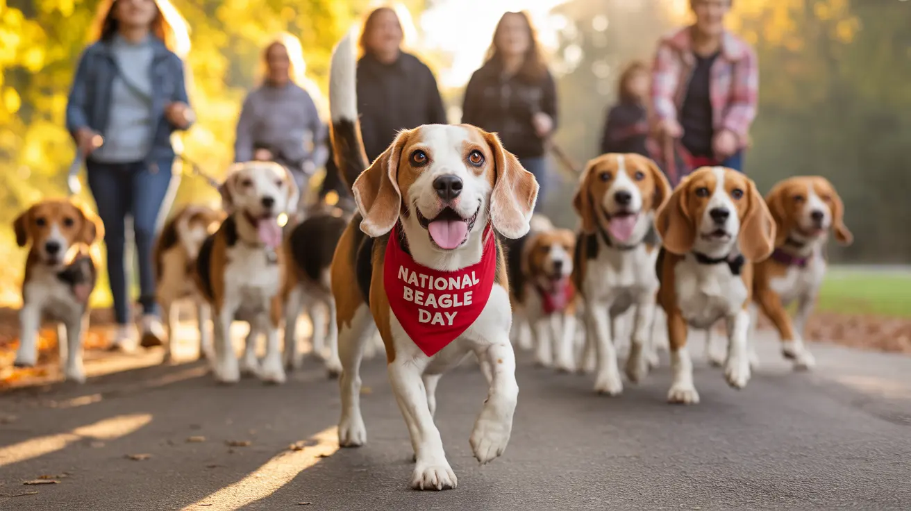 A group of Beagles walking together on a path with their owners during National Beagle Day