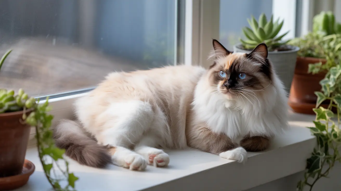 A beautiful Ragdoll cat with striking blue eyes resting on a white windowsill surrounded by potted plants.
